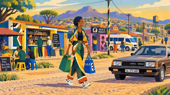 Illustration of Table Mountain and township rooftops at dusk, with a minibus taxi and a person checking their phone before sending money home