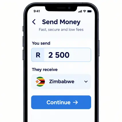 Entering a send amount and destination country